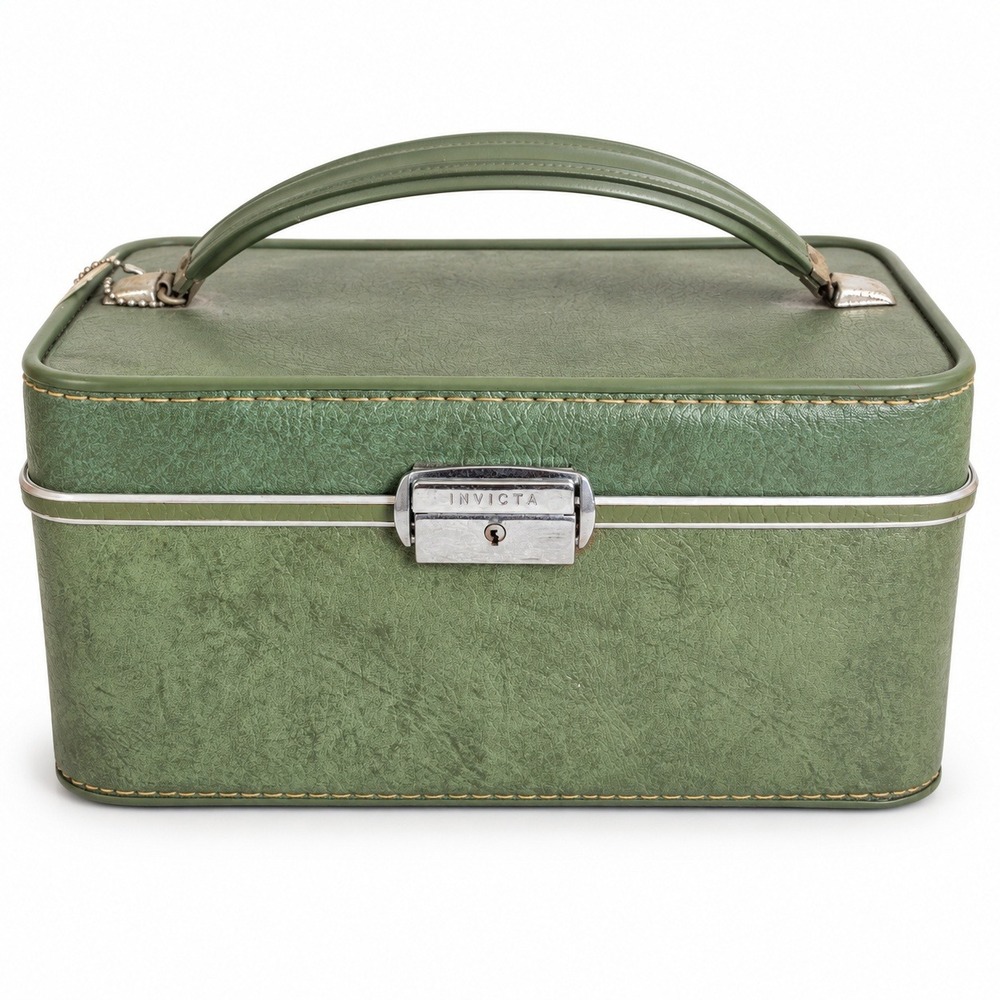 Vintage 1950s Invicta Green Train Case Vanity Makeup Luggage Mirror Key MCM